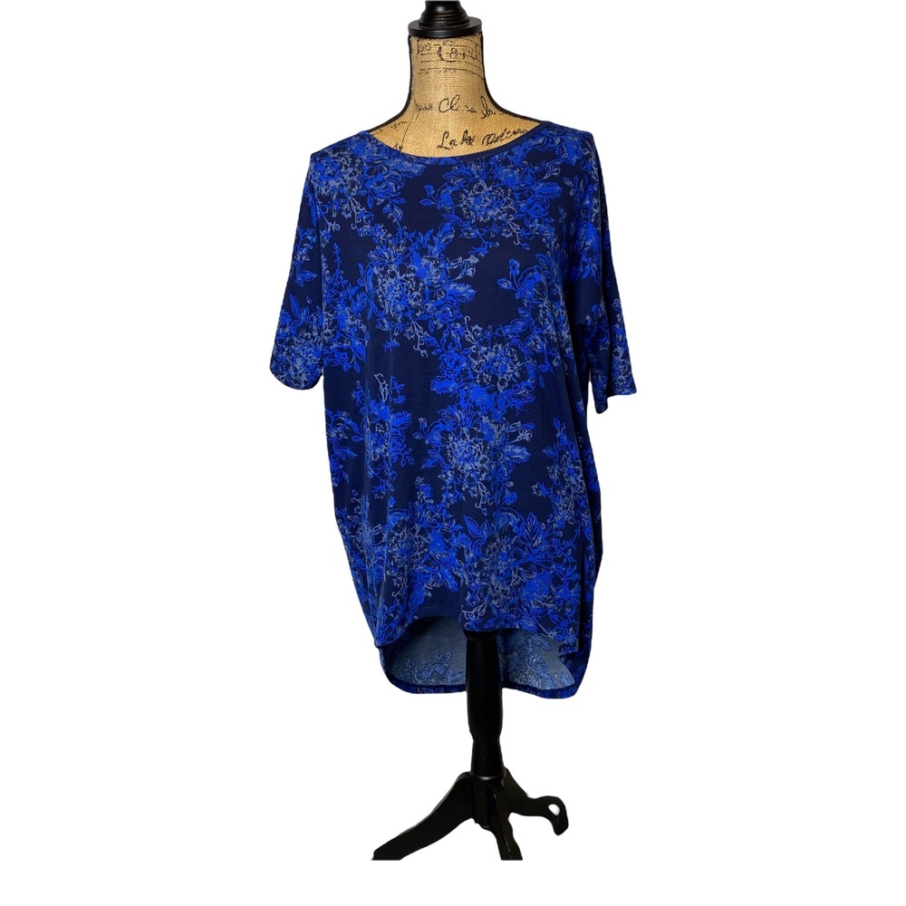 LuLaRoe Irma Tunic Top Womens XS Blue Floral High Low Short Sleeve Scoop‎ Neck